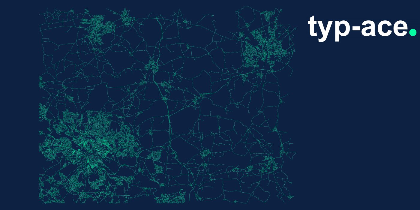 leeds and york street network, dark blue with green streets. typ-ace logo in top right corner