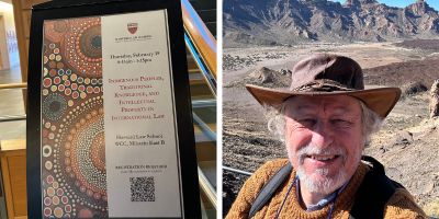 A split level picture, with left: Harvard sign for the conference, and right: a smiling selfied of Professor Dutfield
