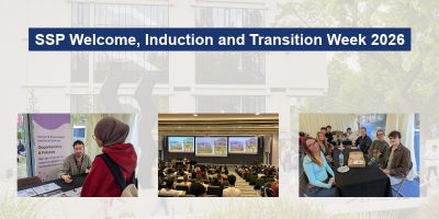 The image shows a courtyard with students and three inset photos on the right featuring a student welcome conversation, a lecture theatre event, and a group social gathering. Text reads: SSP Welcome, Induction and Transition Week 2026