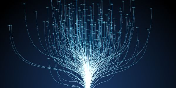 An abstract rendering of an AI. Lots of white wires and data streaming in threads upwards.
