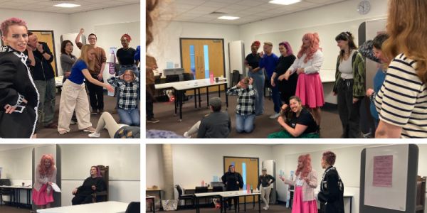 Photos of participants of the first session. The top two are pictures of the warmup exercise: ‘a drag machine’, and the bottom two are the workshop leaders performing the first version of the scene.