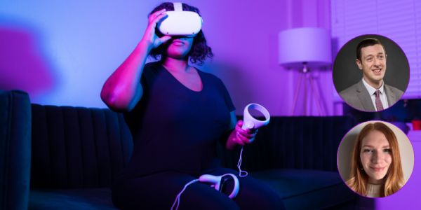Woman wearingVR headset in a living room. Smiling pictures of Ms Collins and Prof Nicholson in circles to the left.