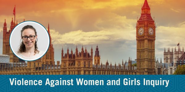 Photograph of Houses of Parliament, with a bubble at the bottom containing photograph of Dr Shaw. Underneath, a flare saying: Violence Against Women and Girls Inquiry.