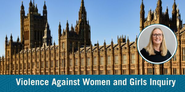 Photograph of Houses of Parliament, with small bubble at the side containing photograph of Dr Barker. Violence Against Women and Girls Inquiry flare at the bottom.