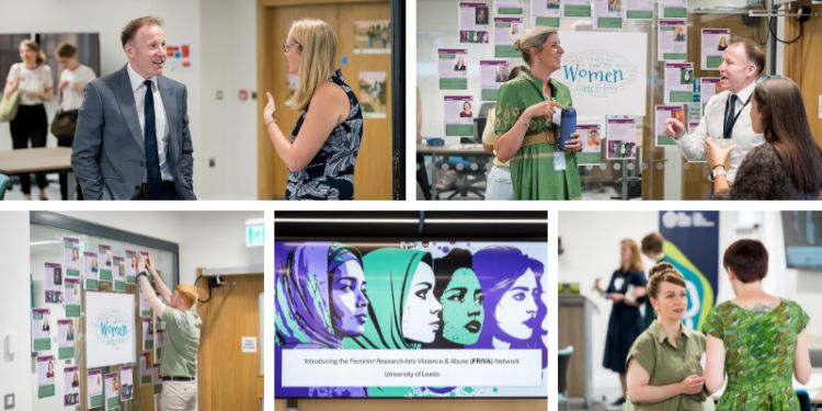 A selection of images of people smiling and talking at the event. Image of the members directory and the FRIVA logo on screen.
