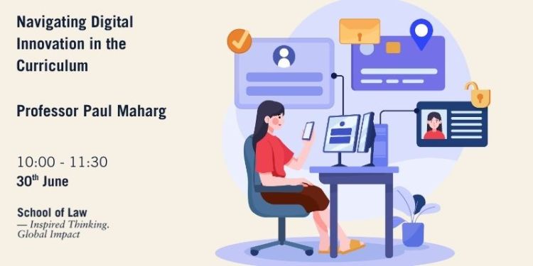 The title of the seminar next to a cartoon of a girl sitting at a desk looking at several screens.