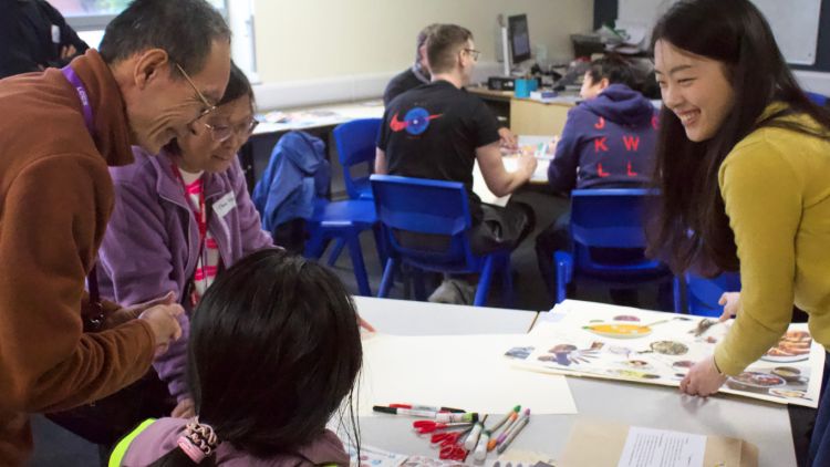 People discussing a collage