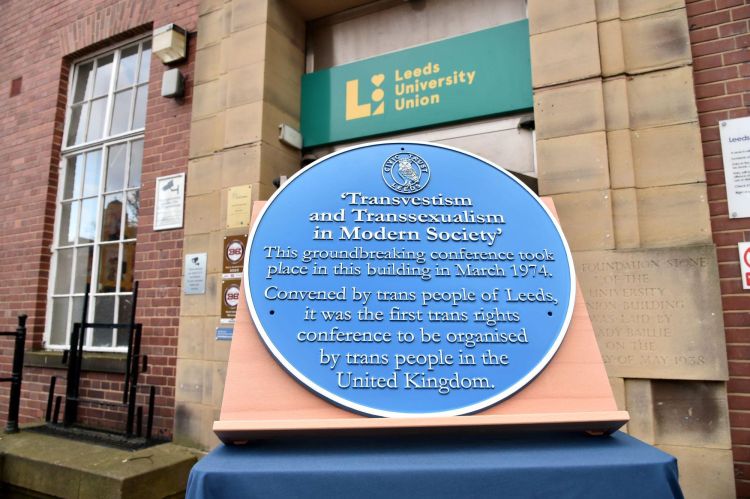 Plaque: 'Transvestism and Transsexualism in Modern Society'. This groundbreaking conference took place in this building in March 1974. Convened by trans people of Leeds, it was the first trans rights conference to be organised by trans people in the UK.