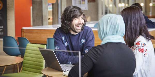 Masters students catching up in Roger Stevens cafe