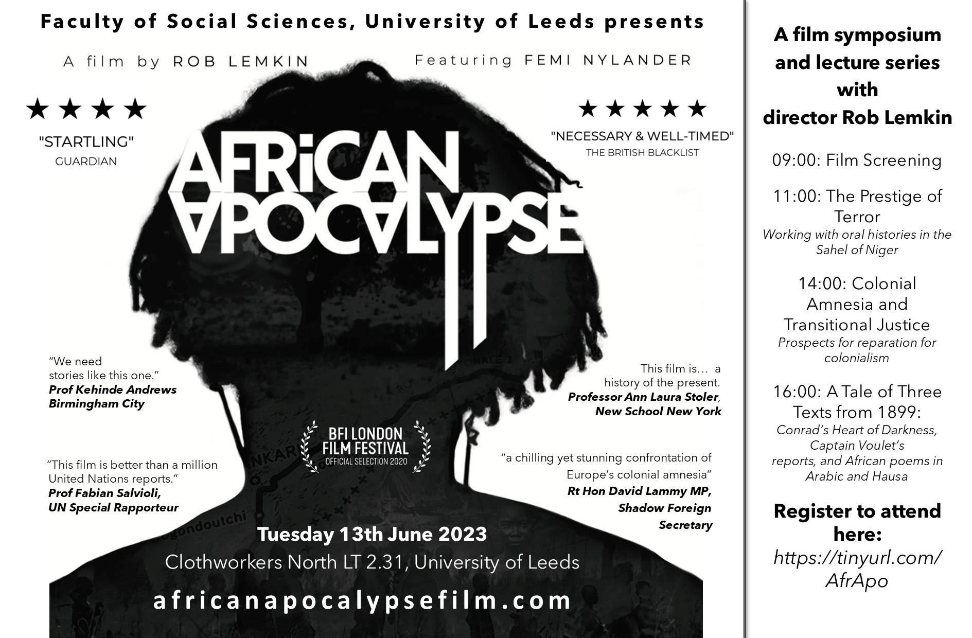 Poster adverting film symposium on African Apocalypse. Full details to be found in the text below.