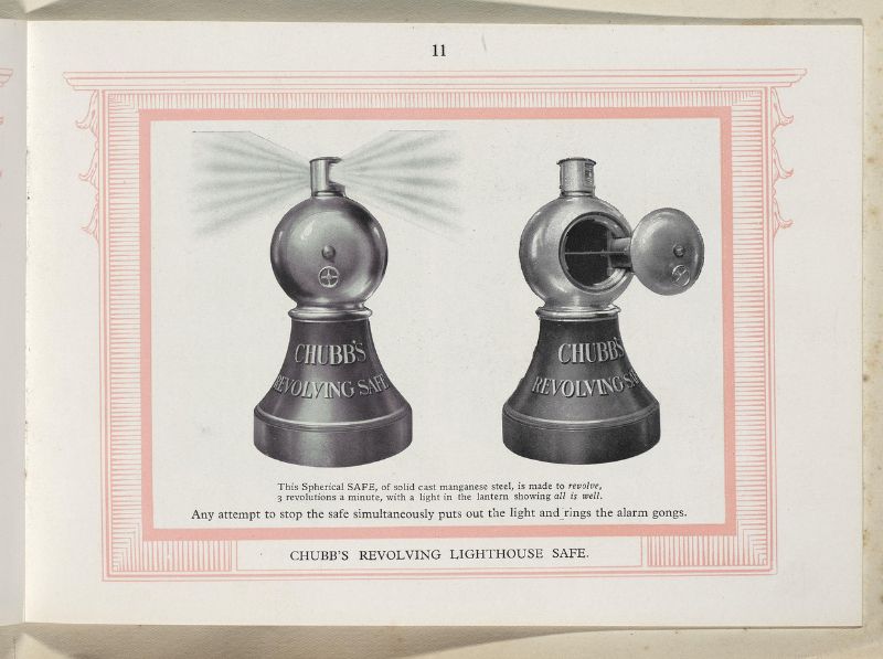 A old magazine advert showing a revolving Chubb safe in the shape of a lighthouse.