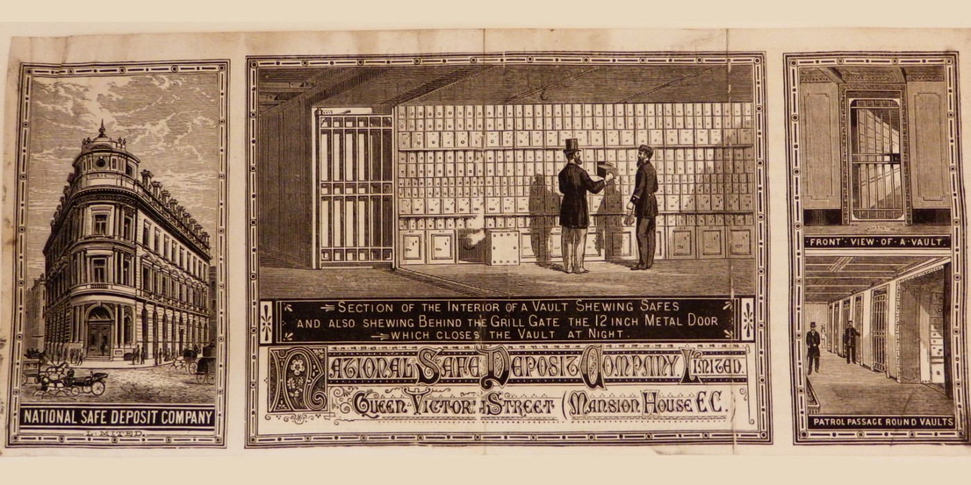 Marketing from the 1870s by the National Safe Deposit Company, showing an illustration of their vaults