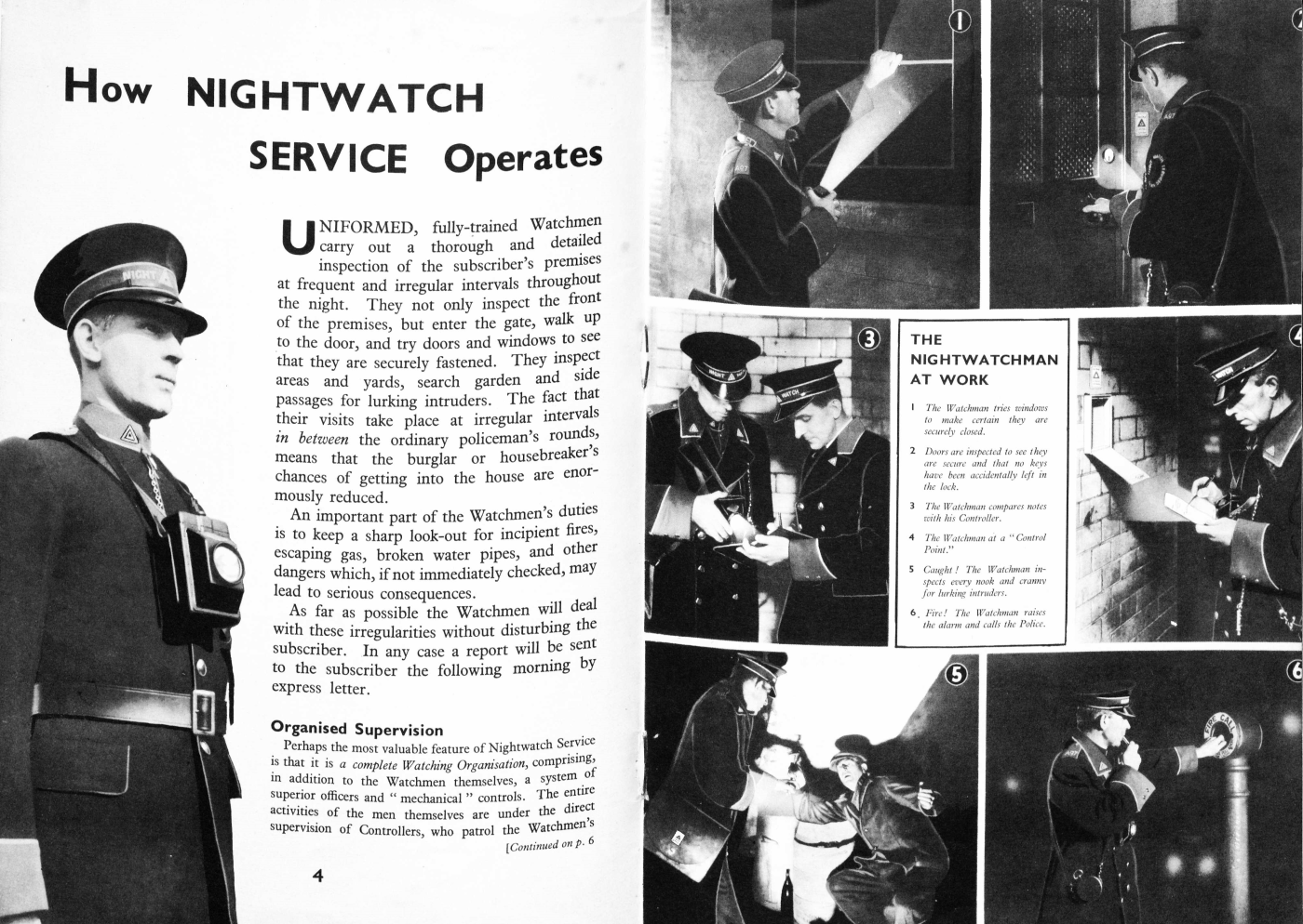 A magazine spread showing how a night watch service operates, with accompanying images