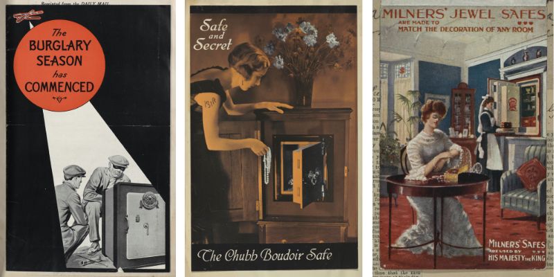 Three old magazine adverts for Chubb safes featuring: (1) two cat burglers attempting to break into a safe under a flood light (2) an elegant lady putting her jewellery into a safe hidden in a dresser and (3) a maid putting jewellery in a safe in the  wall with the lady of the house sat at a round table in the foreground