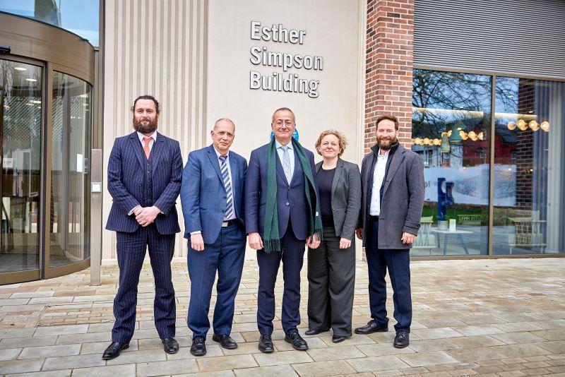 Group Photo in front of the Esther Simpson Building. From Left to Right: Professor Iain Clacher, Professor Richard Beardsworth, Ambassador Serrano, Claire Mulholland and Dr Adam Tyson