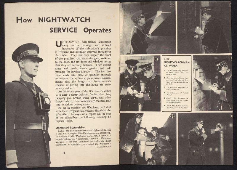 A double page brochure spread of images of nightwatchmen inspecting building windows and doors at night.