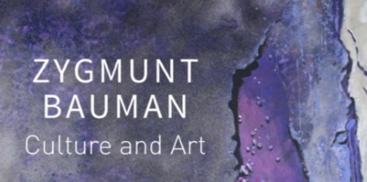 Part of the book cover, text reads "Zygmunt Bauman, Culture and Art" in white, on abstract purple rainy background.