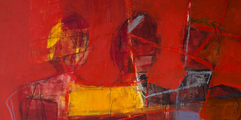 Painting of 3 abstract figures in dark yellows, dark reds and blues against a dark red background.