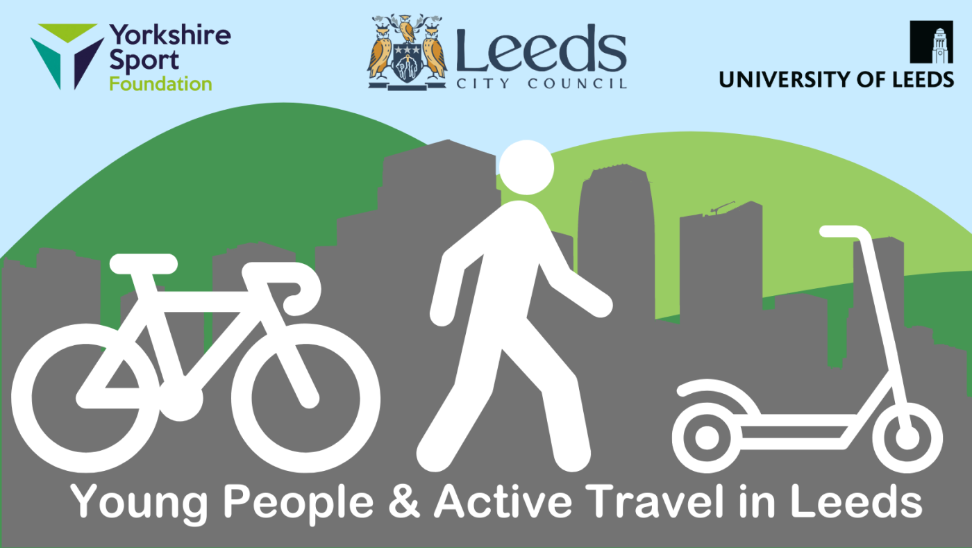 An icon representing a bicycle, a person and a scooter overlaid onto a Leeds cityscape. Text underneath says 'Young People & Active Travel in Leeds' and above there are logos for Yorkshire Sport Foundation, Leeds City Council, and the University of Leeds
