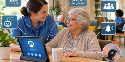 An older person sits with a healthcare worker and an ipad at a table. Small images of diaries and alerts and messaging systems surround them.