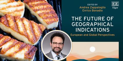 Image of Halloumi on a griddle to left. To right, image of Dr Zappalaglio’s edited book. A smiling portrait of Dr Zappalaglio in a circle at the bottom