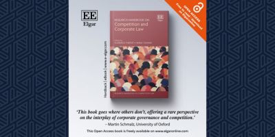 Anna's book: 'Research Handbook on Competition and Corporate Law' against a blue background with a paler pattern against it.
