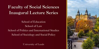 Text on a red background and a photograph of Beech Grove Plaza. 
Text reads: 
"Faculty of Social Sciences Inaugural Lecture Series.
School of Education
School of Law
School of Politics and International Studies,
School of Sociology and Social Policy.