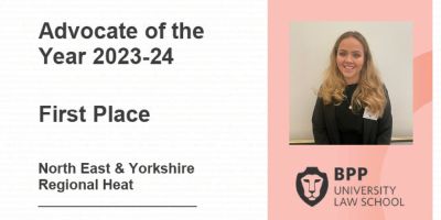 Advocate of the Year 2023-24. First Place. North East & Yorkshire Regional Heat. BPP University Law School logo. A young woman with long blonde hair wearing a black outfit and a badge is smiling at the camera.