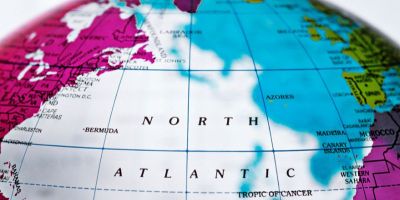 Globe centred on the North Atlantic ocean