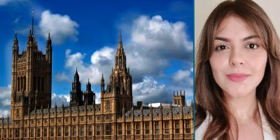 Houses of Parliament, with smiling picture of Dr KPFL next to it