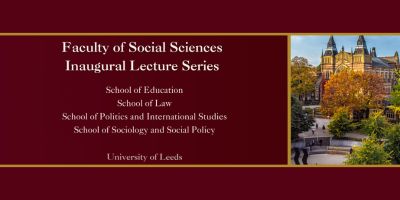 Red page with Faculty of Social Sciences Inaugural Lecture Series written. Picture to the right of building behind autumn trees.