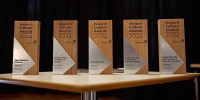 The 5 Award trophies on a table. From left to right, they are the awards for, Open Research Practices, Diverse Forms of Research Activity, Unsung Heroes, Supporting and Developing Research Teams, and Equity, Diversity and Inclusion in Research Practices.