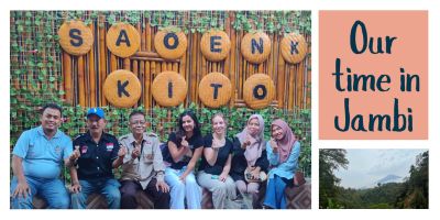 Cover image for an internship completed in Jambi, Sumatra, Indonesia. An image to the left shows people who were involved in the internship, on the right is a landscape image from the trip and text saying "our time in Jambi"