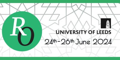 Decorative image. Background: grey Islamic geometric design on white background. In the foreground: ReOrient logo (white R overlaps black O on green circle) and University of Leeds logo along with conference dates (24th - 26th June 2024.
