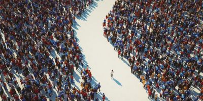 An image of one person walking down a divide between two groups of people