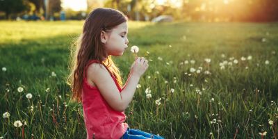 Child blowing on dandelion