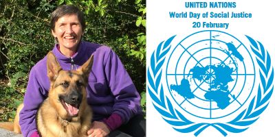 Smiling photo of Prof Lawson and guide dog Finn next to a UN logo and words 'UNITED NATIONS World Day of Social Justice 20 February'