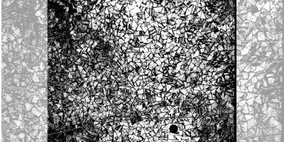Decorative abstract monochrome image shows lots of tiny intersecting fragments, mostly triangular, in varying shades of black, white and grey. A small singular black button shape sits in the bottom right of the image.