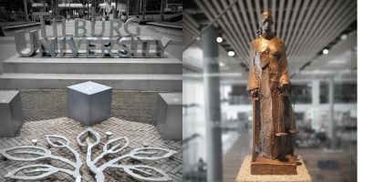 A picture of the University of Tilburg main sign next to a picture of a small statue of a man.