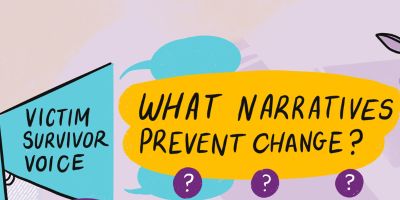 Colourful illustration saying: 'What narratives prevent change?' and 'victim survivor voice'