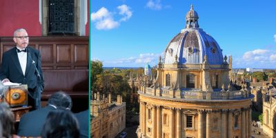 Prof Subedi in the debating chamber. To the right, an arial photo of Oxford University