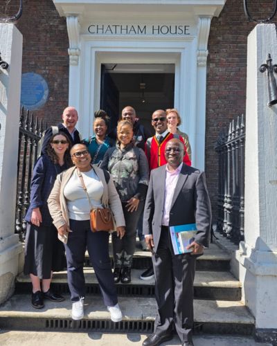 NUM and SATRI delegates on the steps of Chatham House