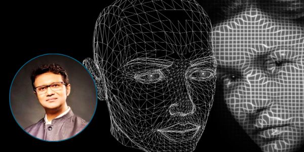 Two faces that have been measured in lines are on the background. They are black and white and are intended to look like they've been scanned and analysed. Smiling photo of Prof Basu in a circle frame, bottom left.