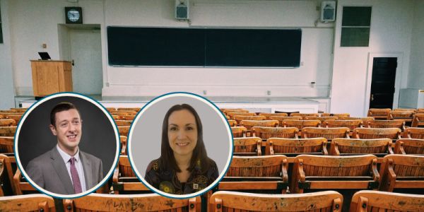 Lecture theatre background with images of Prof Nicholson and Hannah Wainwright in circles at the bottom left.
