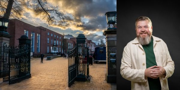 Nick smiling in portrait to right. To left, photograph of student union.
