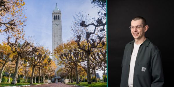 Berkeley clock tower to the left. Smiling picture of Dr Matt Tidmarsh to the right.