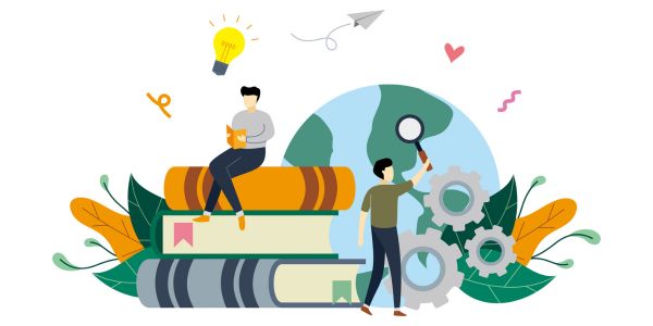 Reading book, studying, ideas, education with small people illustration