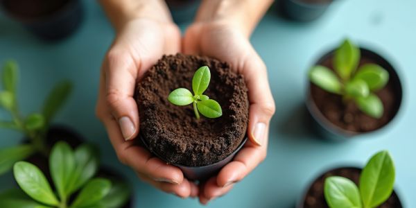 Hands cupping a plant pot with a seedling growing in it