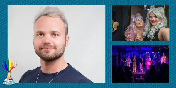 A smiling photo of James against a blue background. There is also a photo to the right of him in drag with collaborator Rosie Fox (Fox Populi), then a picture below this of their recent cabaret with LAD members on stage.