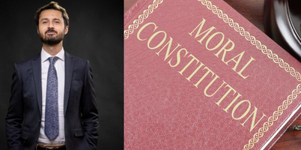 A smiling Dr Sandro next to a close up of a red-bound book called 'Moral Constitution'.